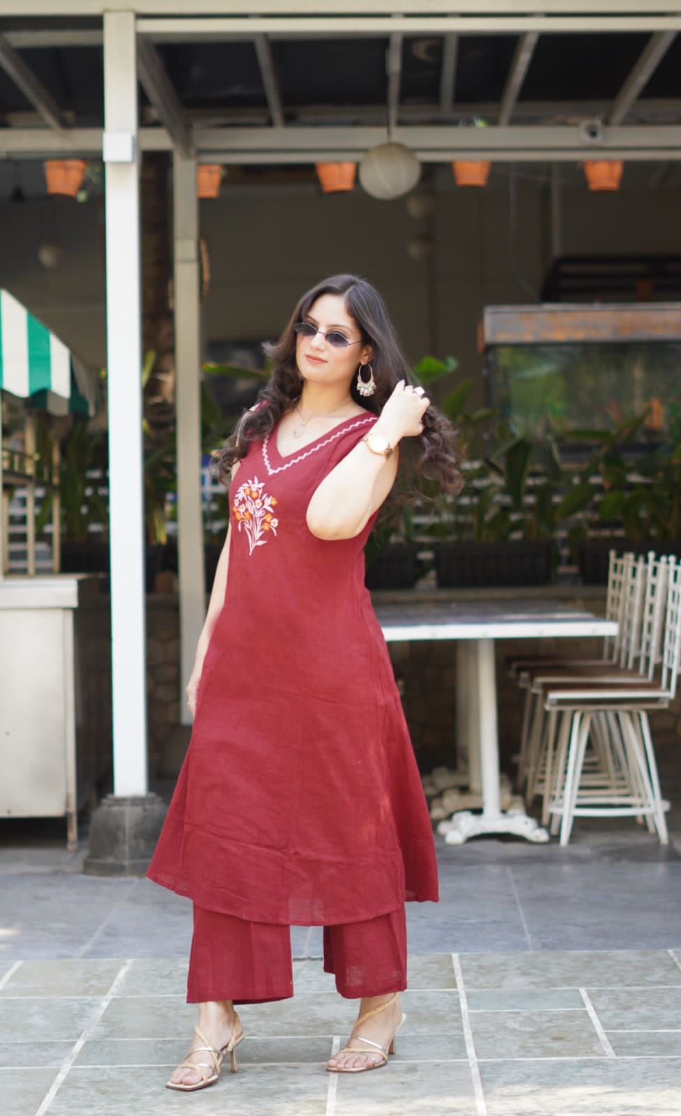 Embroidered cotton kurti plazo set with mega sleeves – front view

