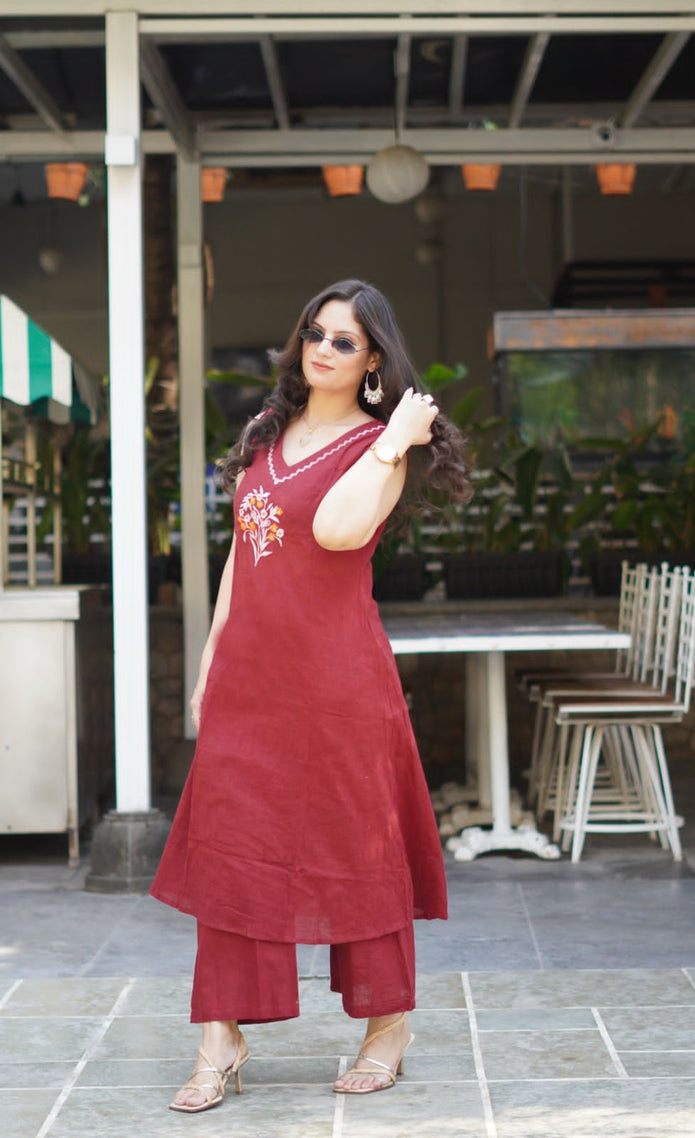 Embroidered cotton kurti plazo set with mega sleeves – front view

