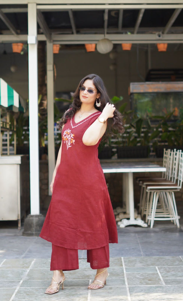 Embroidered cotton kurti plazo set with mega sleeves – front view

