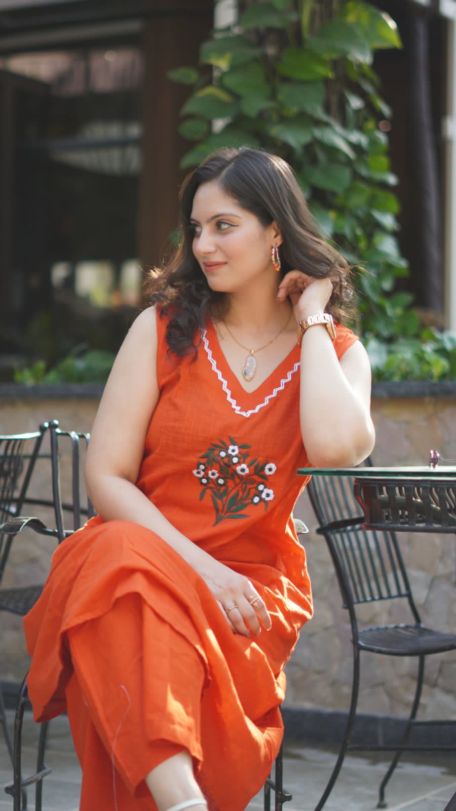 Embroidered cotton kurti plazo set with mega sleeves – front view

