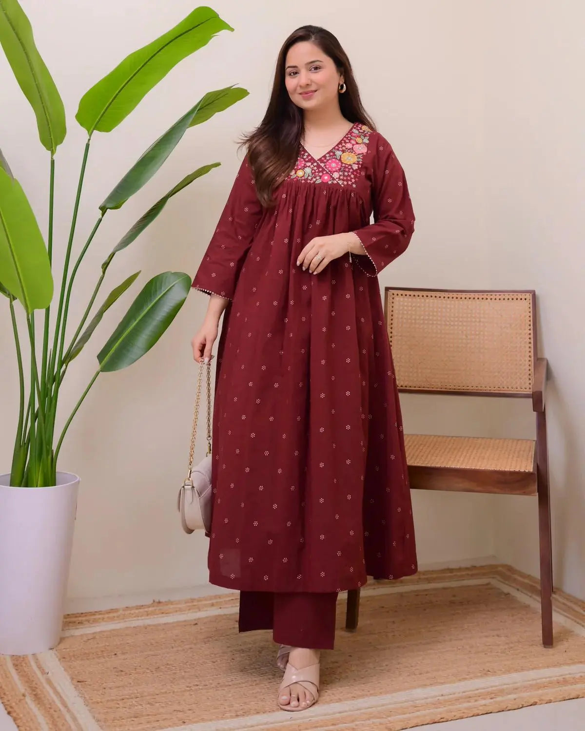 Maroon A-line kurta pant set full front view

