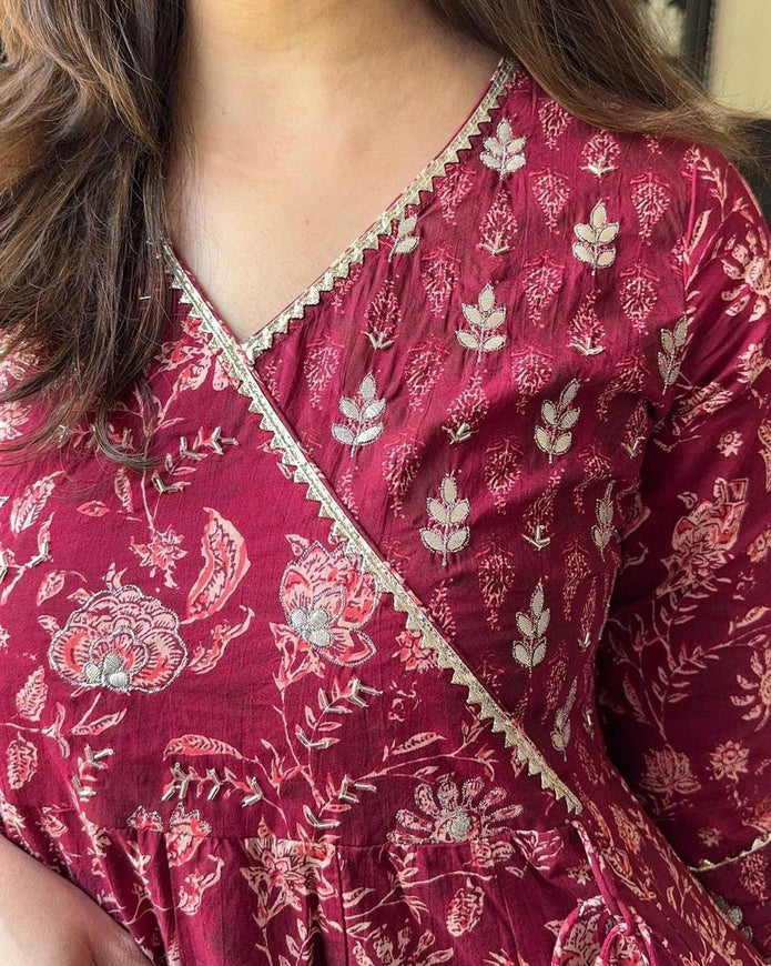 Embroidered yoke and handwork close-up on cotton kurti

