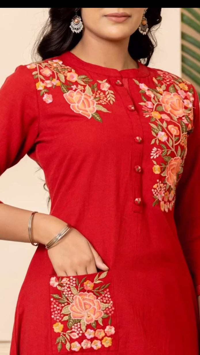 Close-up of fine embroidery work on heavy cotton fabric


