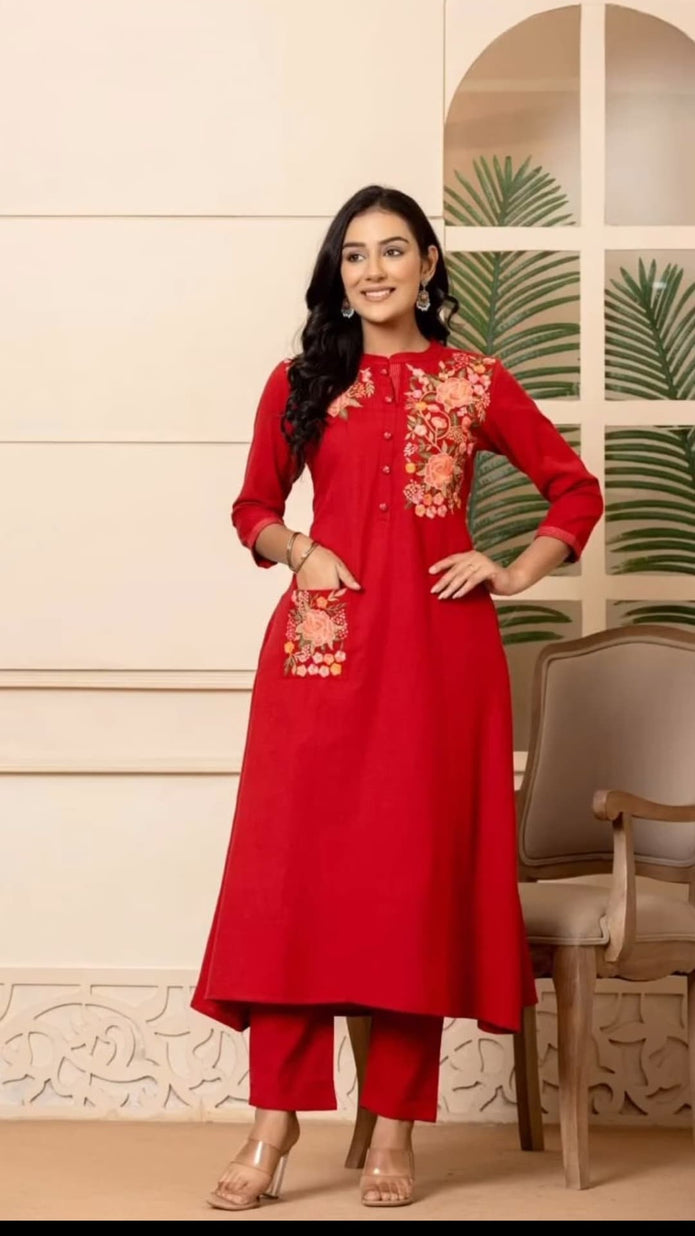Front view of embroidered A-line cotton kurti with pant

