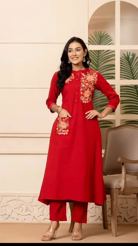 Front view of embroidered A-line cotton kurti with pant

