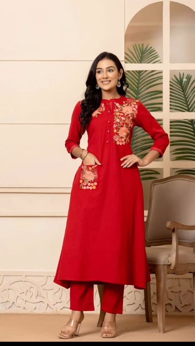 Front view of embroidered A-line cotton kurti with pant

