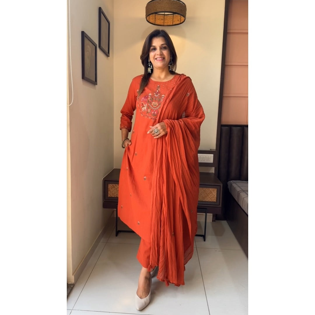 Meher Orange Chikankari Embroidery Suit Set
