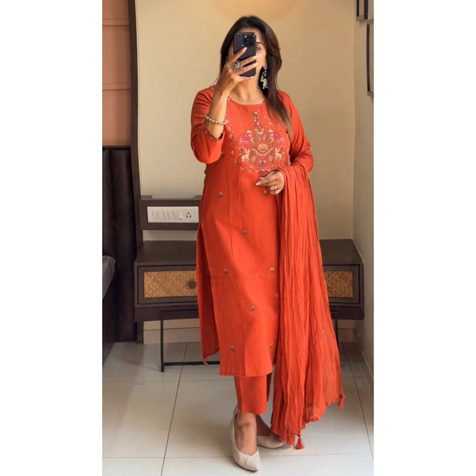 Meher Orange Chikankari Embroidery Suit Set