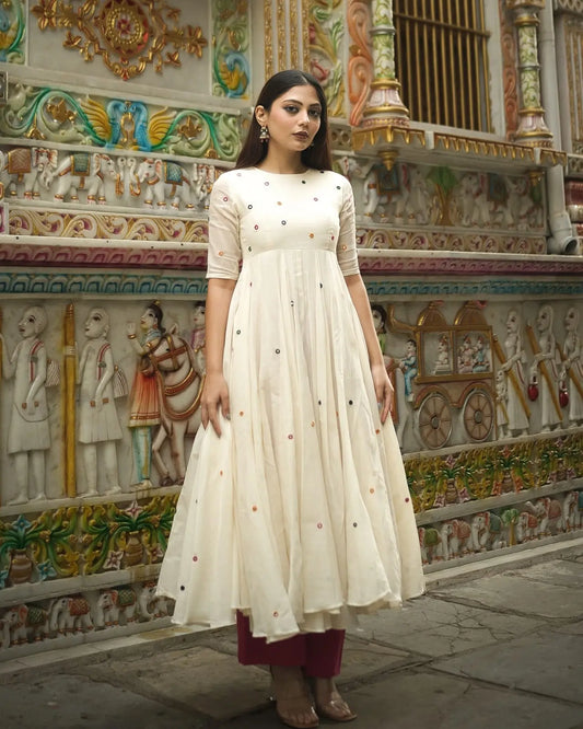 Front view of cotton Anarkali suit set with mirror embroidery

