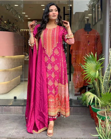 Pakistani Reshmi pink suit set with embroidery and dupatta


