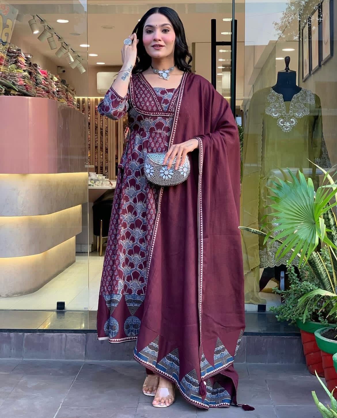 Hand-embroidered cotton Anarkali suit set in maroon with dupatta

