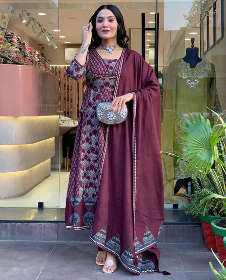 Hand-embroidered cotton Anarkali suit set in maroon with dupatta

