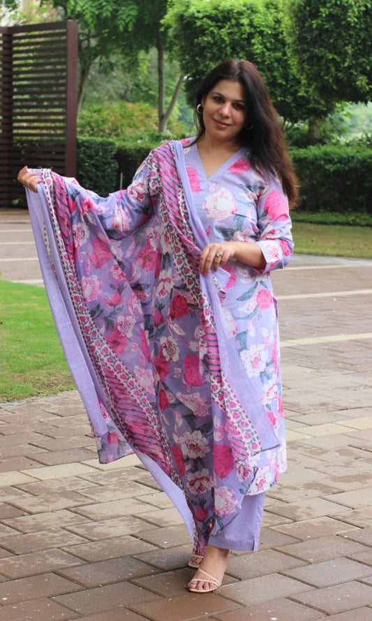 Hand block printed cotton suit set with dupatta in vibrant hues

