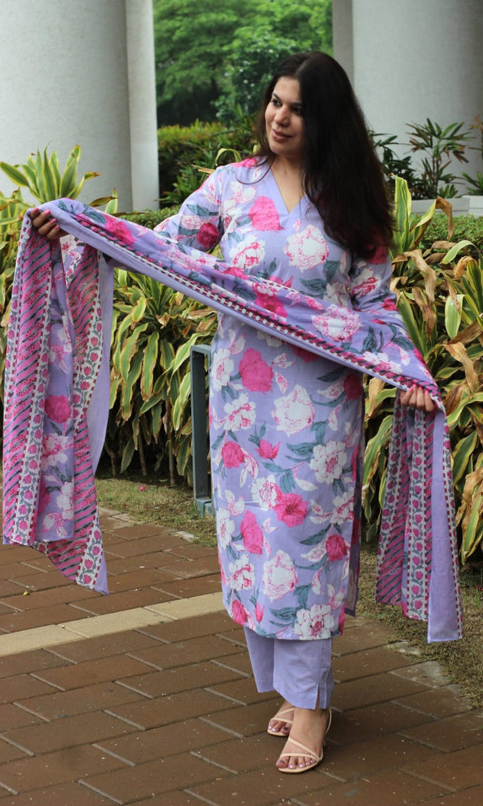 Model showcasing Paridhi cotton kurta, pant, and dupatta set

