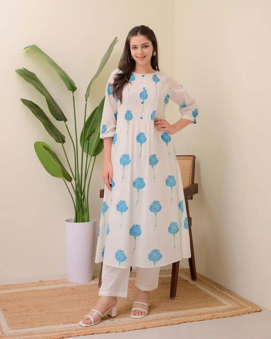 Front view of pintex cotton kurti with pant

