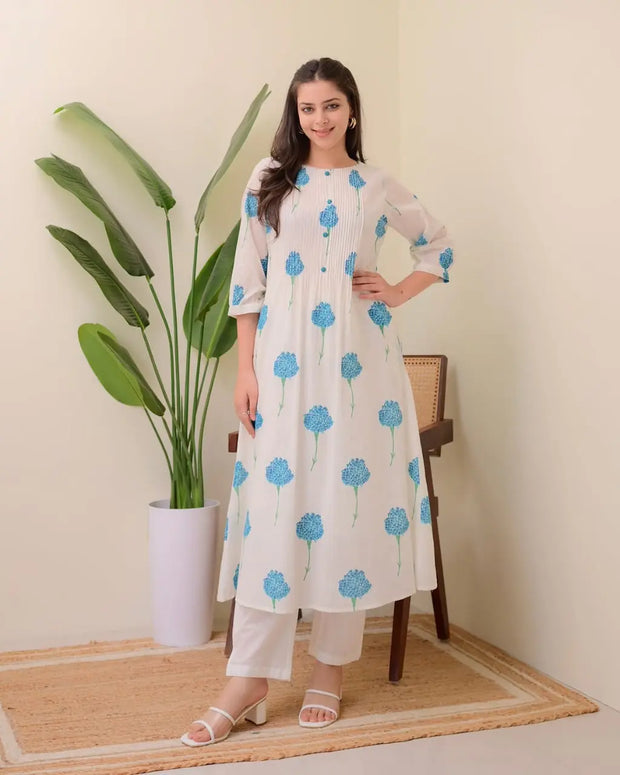 Front view of pintex cotton kurti with pant

