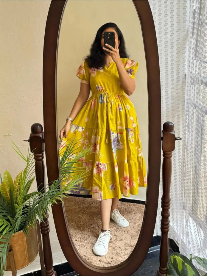 Printed Cotton Midi Dress with Puff Sleeves-Summer Dress – maabetii