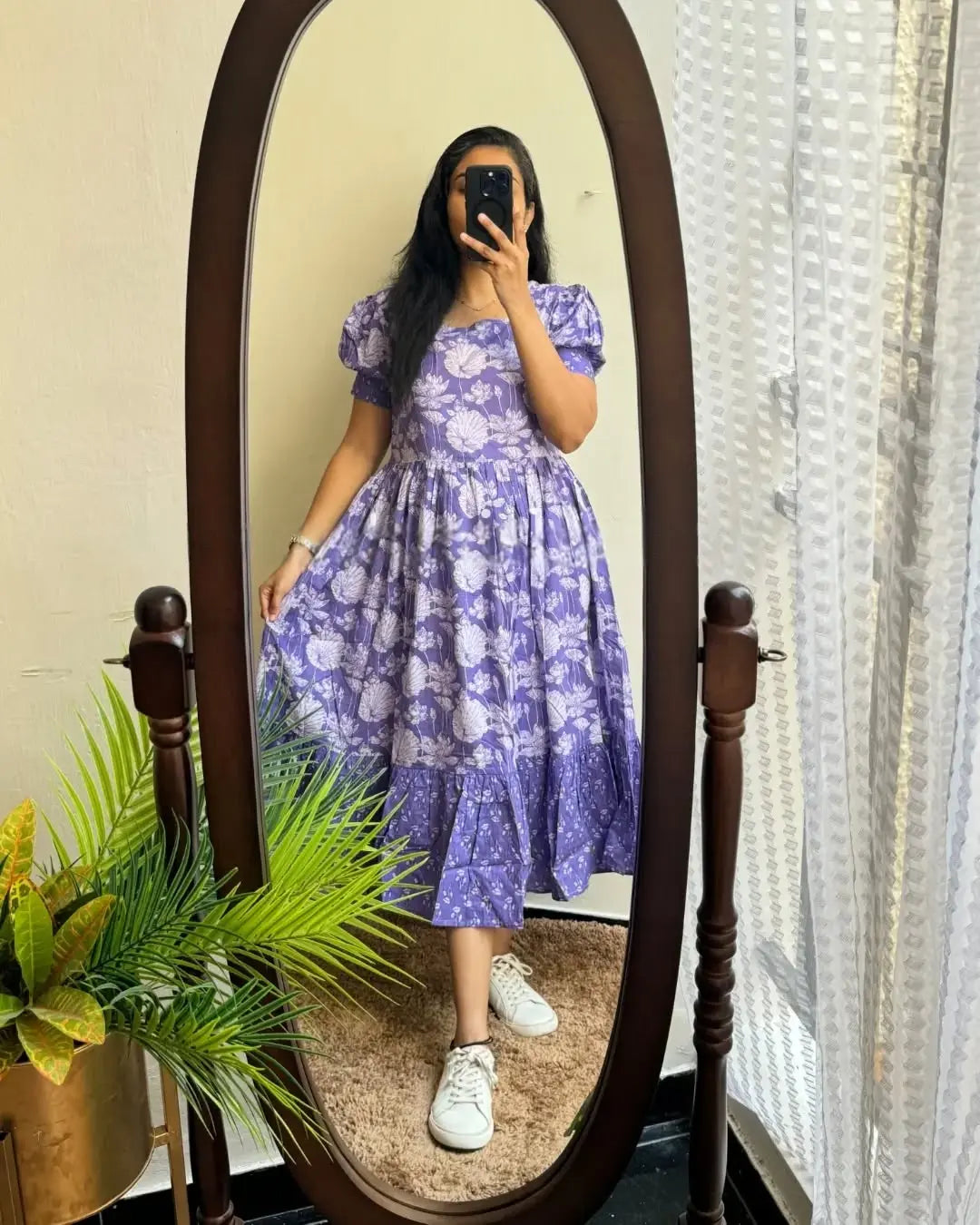 white christmas dresses Printed Cotton Midi Dress with Puff Sleeves-Summer Dress – maabetii