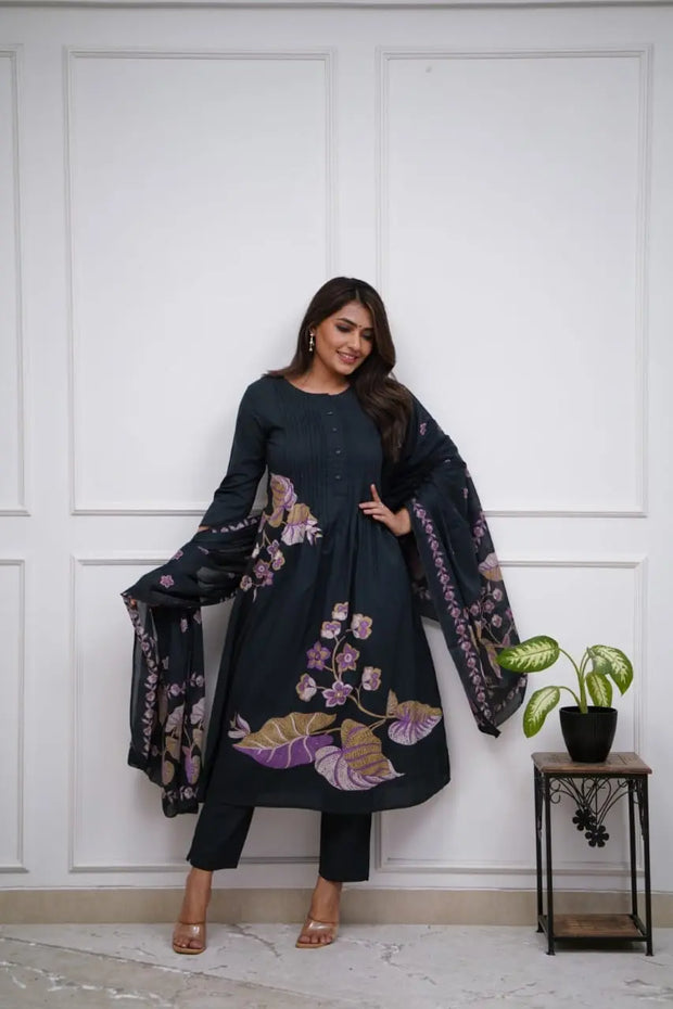 Black pure cotton kurti set with printed mulmul dupatta