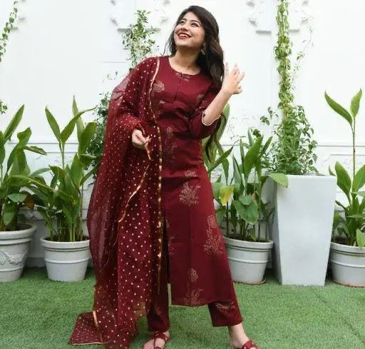 Red A-line gold printed kurti with matching pant and dupatta

