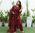 Red A-line gold printed kurti with matching pant and dupatta

