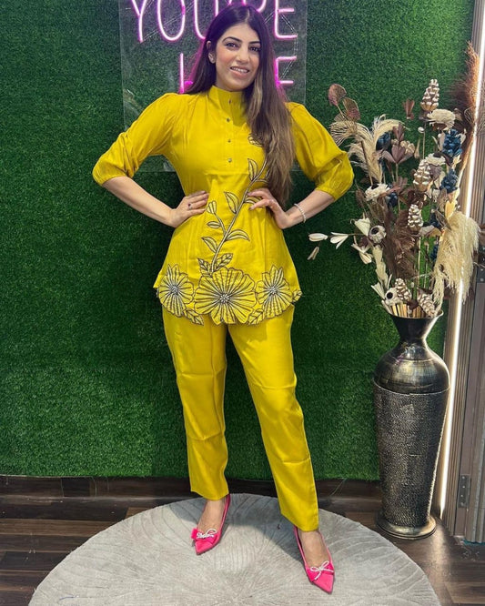 Festive special yellow rayon coord set with hand embroidery

