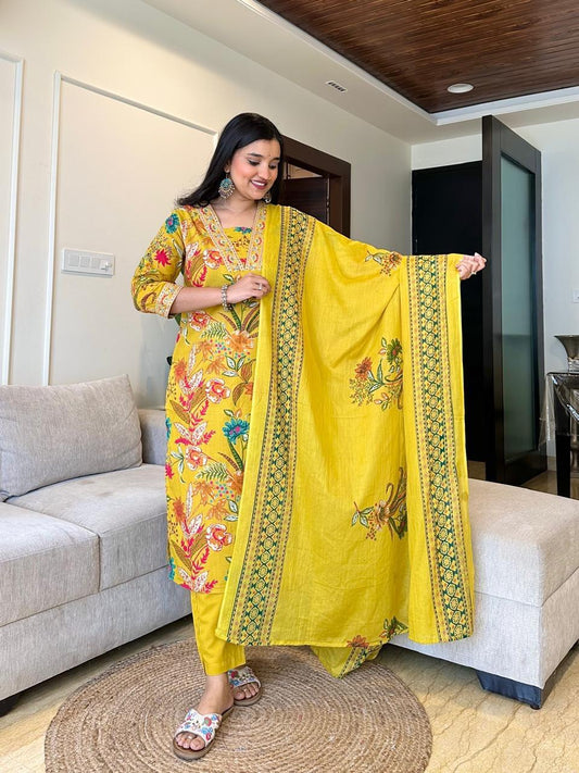 Cotton suit set with lightweight dupatta in soft hues

