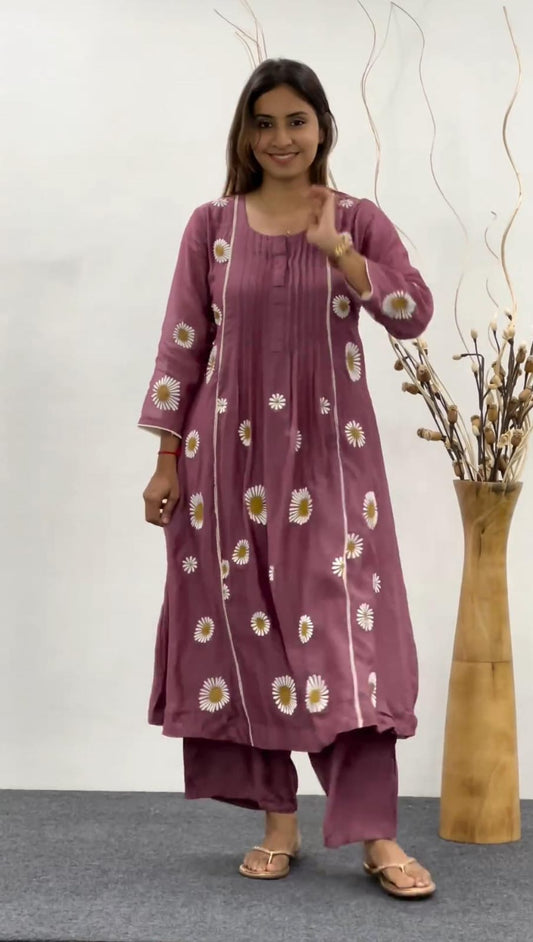 Front view of embroidered cotton Anarkali kurta set with dupatta

