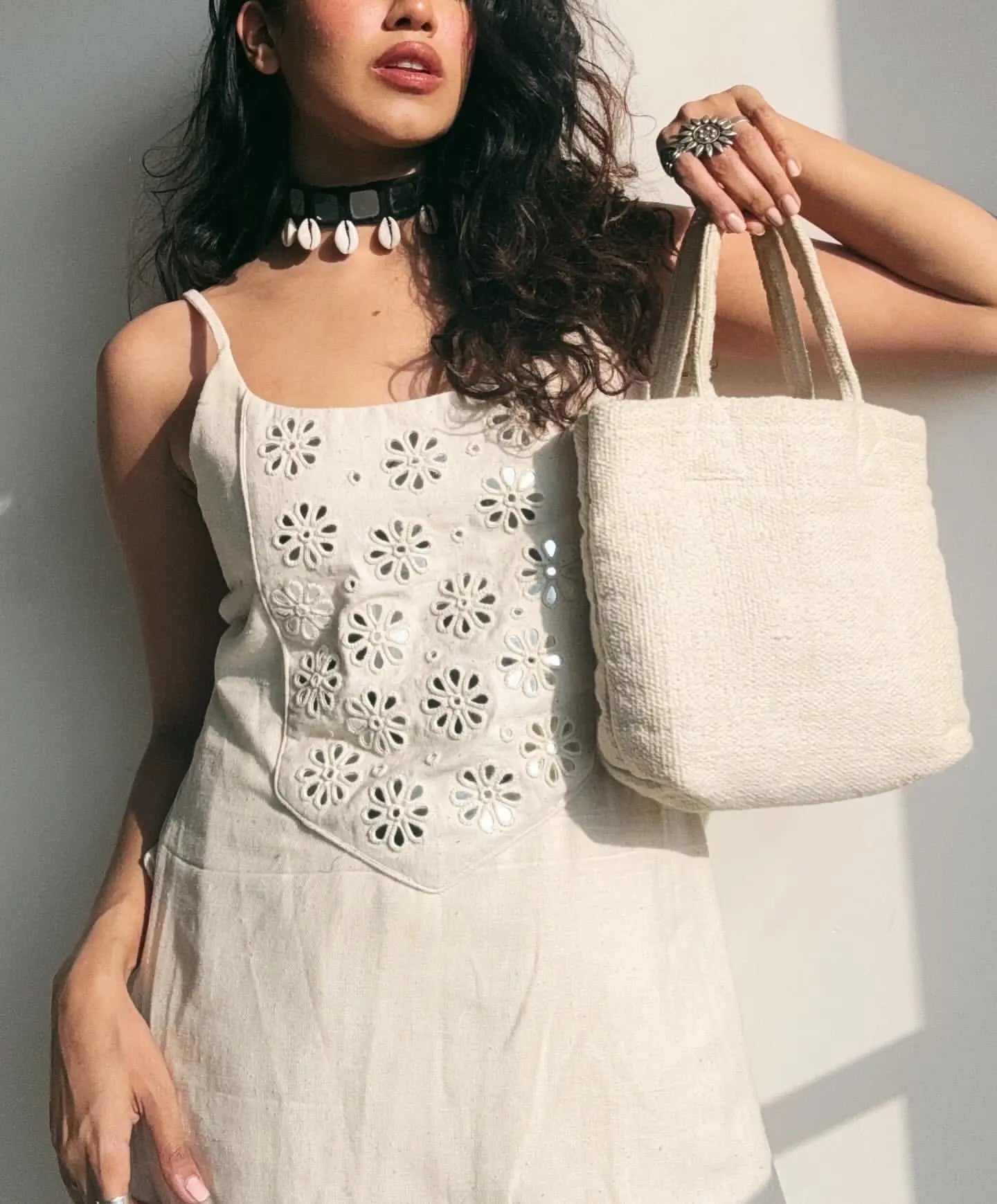 Close-up of mirror embroidery on cotton kurti

