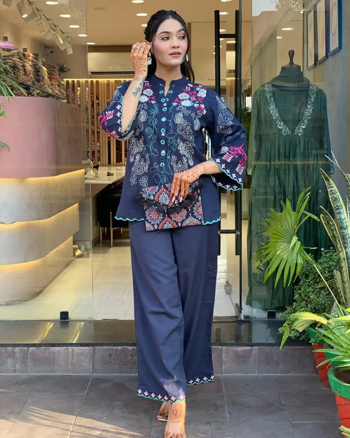 Summer cotton coord set with embroidered top and pocketed pants

