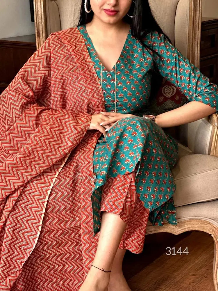 Summer cotton suit set with printed mulmul dupatta

