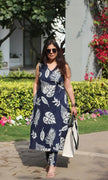A-line cotton kurti set with leaf print in red

