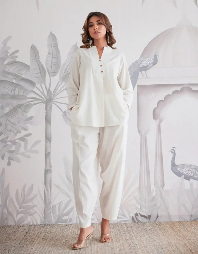 Solid white cotton coord set for women

