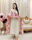 Full-length white chikankari Anarkali gown with silk dupatta


