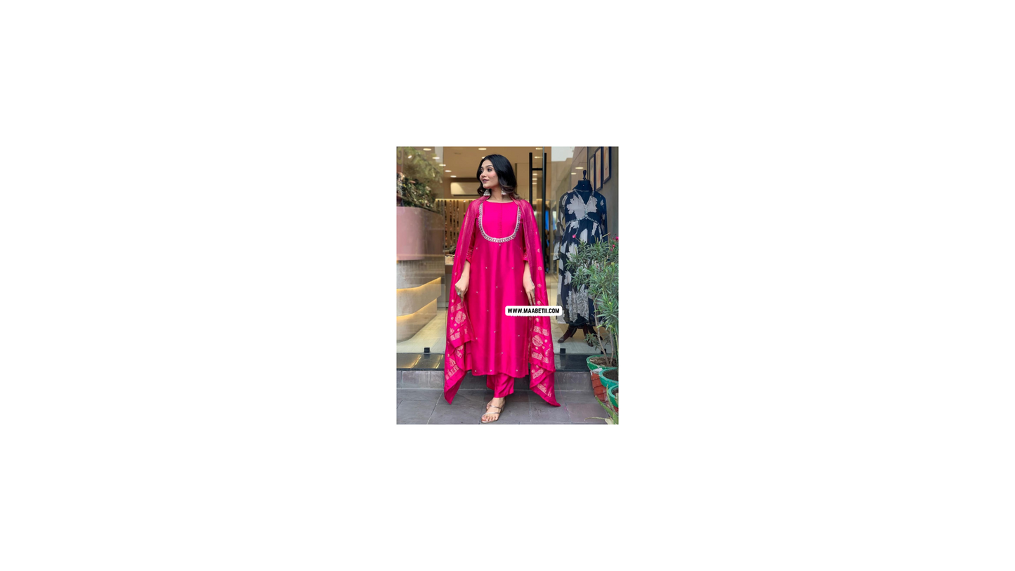 Maabetii Magenta Pink Handwork Rayon Straight Suit Set