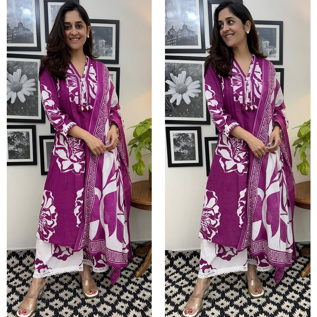 cotton A-line kurta set with floral hand block print