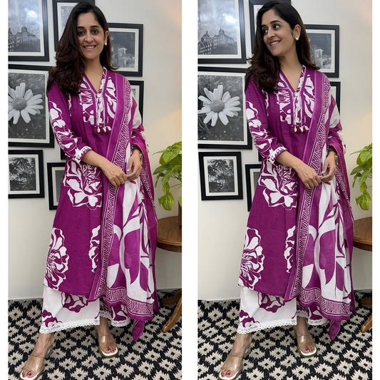 cotton A-line kurta set with floral hand block print