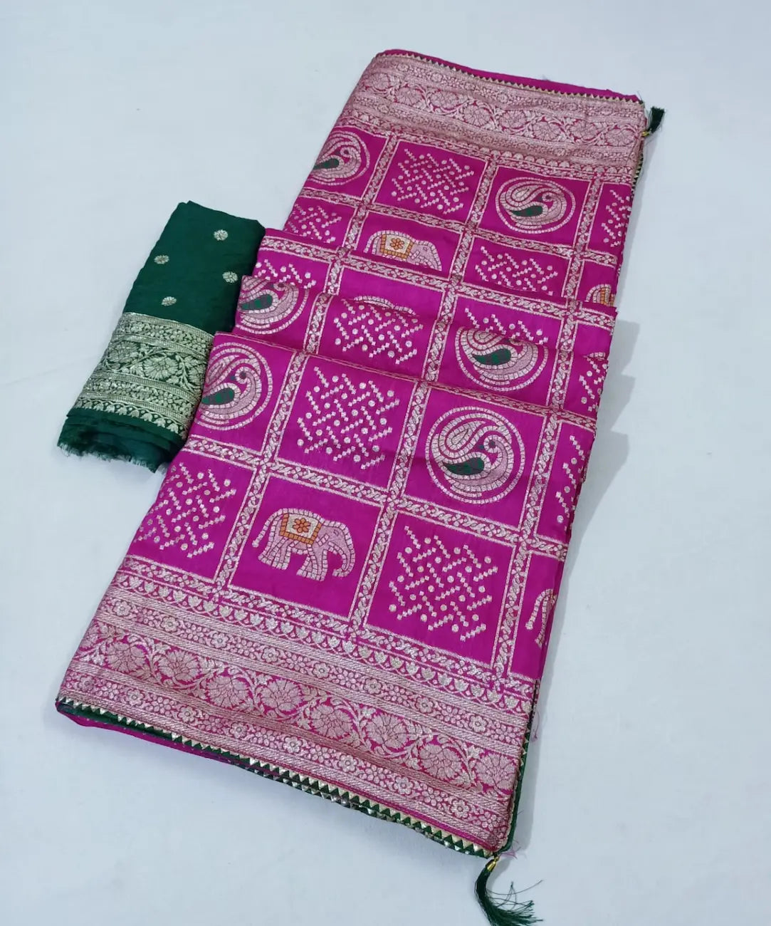 Traditional Bandhej saree with heavy zari border and piping


