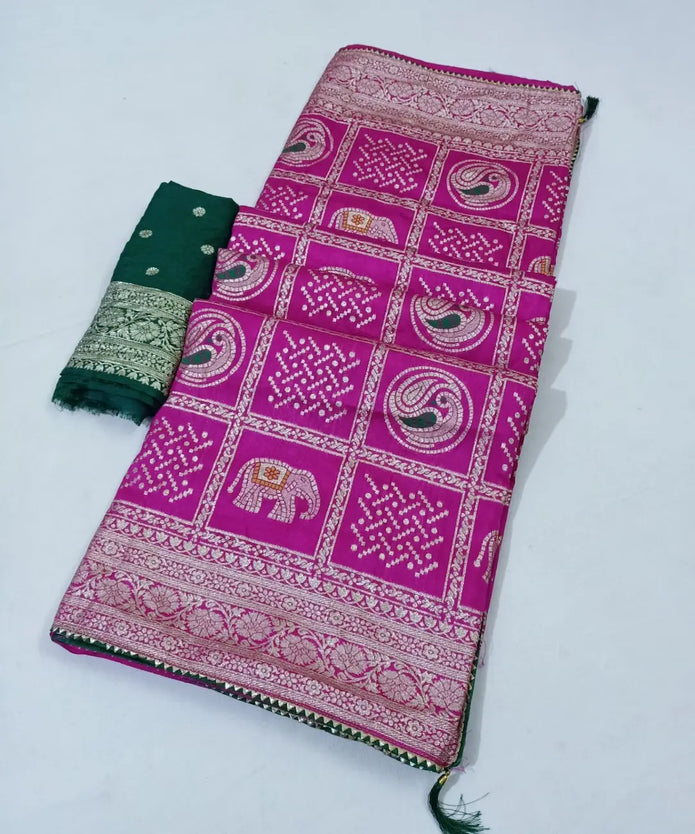 Traditional Bandhej saree with heavy zari border and piping

