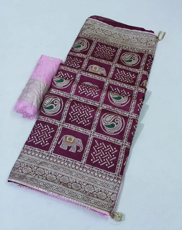 Soft Russian Dola Bandhani saree with zari work – festive wear

