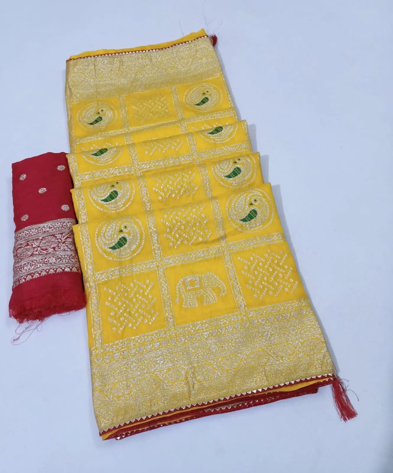 Yellow Zari Bandhej saree with matching blouse – elegant drape


