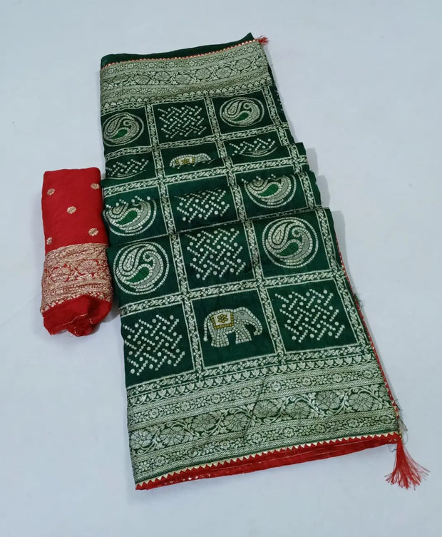 Green Zari Bandhej saree with matching blouse – elegant drape

