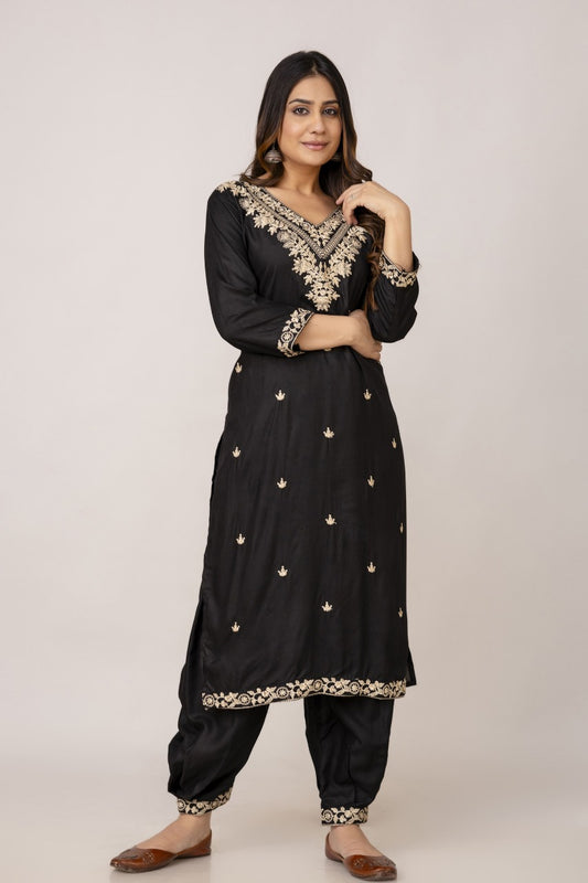 Front view of rayon embroidered kurti with Afghani pants

