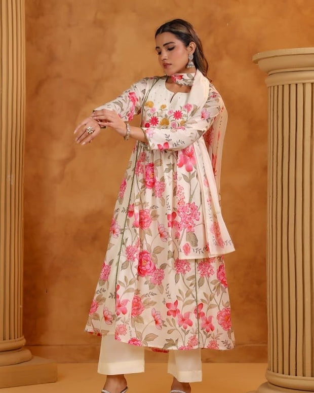 Anarkali kurta set with embroidery and cotton dupatta

