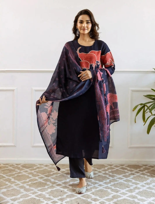 Front view of handcrafted cotton suit with printed dupatta

